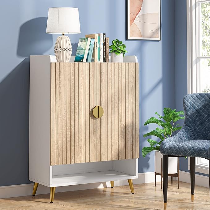 Tribesigns Shoe Cabinet with Doors, 7-Tier Shoe Storage Cabinet with Adjustable Shelves, Wooden Shoes Rack Shoe Storage Organizer for Entryway, Hallway, Closet, Living Room, Wood and Gold