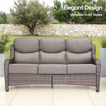 Swivel Patio Chairs sofa Set of 9 with 6" Thick Cushion - Wicker Outdoor Swivel Rocker Patio Chair ,Sofa/Glass coffee table, High Back Comfortable Outdoor Glider Chairs -Brown Wicker | Gery Cushions