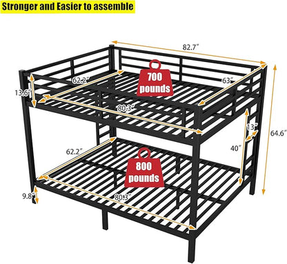Higher Quality & Stronger Heavy Duty Industrial Style Metal Queen Over Queen Bunk Bed, Thickened More Stable Black Steel Bunkbed (Easier to Assemble)
