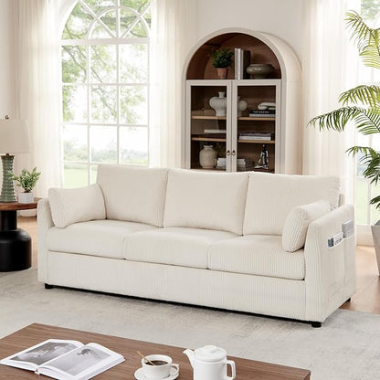 79 inch Sofa for Living Room,Mid Century Modern Couch with Big Pockets, Corduroy Couch with Three Cushions and Solid Wood Frame for Apartment and Small Spaces (Beige, Sofa)