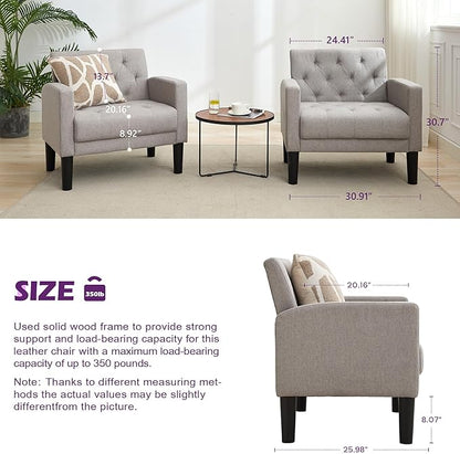 TYBOATLE Accent Chairs Set of 2 Comfy Living Room Chair Tufted Mid Century Modern Accent Chair, Cozy Upholstered Reading Arm Chair for Office, Bedroom (Light Grey, Set of 2)