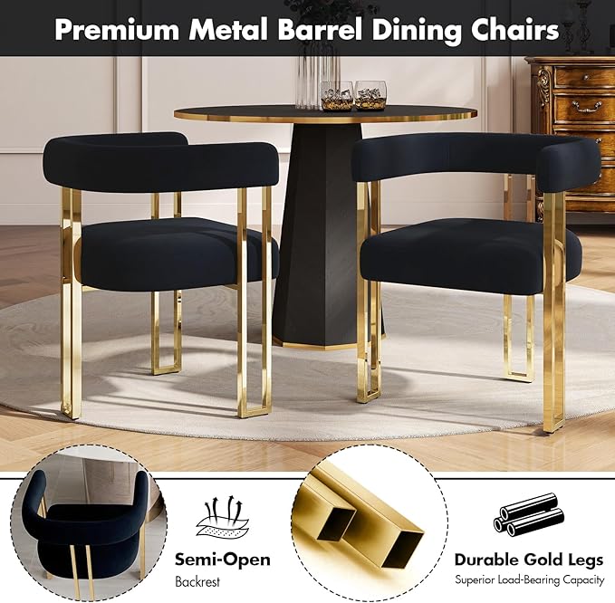 Set of 6 Black and Gold Modern Dining Chairs, Velvet Upholstered Barrel Armchairs with Metal Legs for Kitchen Island, Mid Century Accent Chairs for Dining Room Living Room, Open-Back