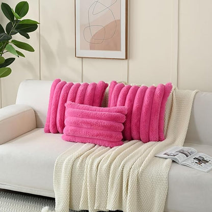 FUTEI Hot Pink Decorative Throw Pillow Covers 26x26 Inch Set of 2, Square Soft Faux Rabbit Fur Thick Striped Euro Pillow Shams,Winter Home Decor for Couch Bed Living Room