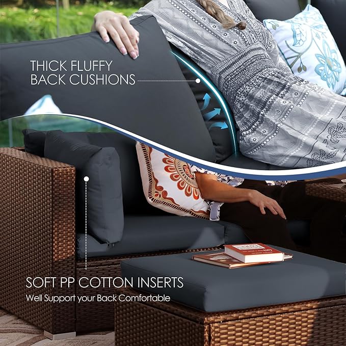 NICESOUL 8 Seat Extra Large Patio Furniture Set with Firepit Table Natural Gas/Propane, 29.3'' High-Back Luxury Outdoor Sectional Conversation Sets for 6 People, Brown Rattan and Dark Grey Cushion