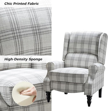 HULALA HOME Upholstered Wingback Recliner Chair, Small Adjustable Footrest Push Back Single Reclining Sofa, Mid Century Modern Lounge Armchair for Living Room, Bedroom, Reading/Plaid Grey