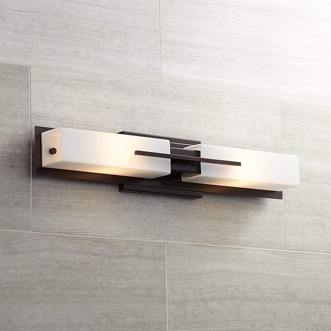 Possini Euro Design Midtown Modern Wall Light Bronze Metal Hardwired 23 1/2" 2-Light Fixture White Glass Shade for Bedroom Bedside Bathroom Vanity Living Room Hallway Dining House Home Kitchen