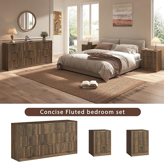 3-Piece Modern Bedroom Furniture Set, Wide 9-Drawer Dresser & 3-Drawer Nightstands Set of 2, Natural Wood Dresser and Nightstand Sets for Bedroom, Hallway, Walnut