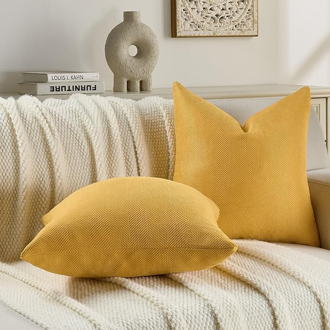 FUTEI Mustard Yellow Chenille Throw Pillow Covers 22x22 Inch Set of 2,Soft Wide Chevron Textured Cushion Case,Farmhouse Home Decor for Couch Bed Living Room