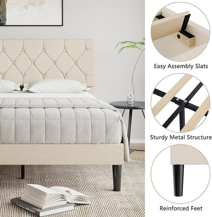 VECELO Full Size Bed Frame with Button Tufted Headboard, Upholstered Platform with Wooden Slat Support, No Box Spring Needed, Cream Beige