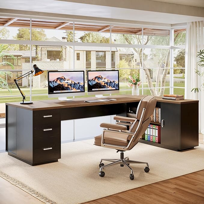 Tribesigns 85.8-Inch L-Shaped Executive Desk with File Drawers, Door Cabinet & Shelves, Extra Large Commercial Office Desk, Modern Professional Office Table, Business Furniture, Natural & Black
