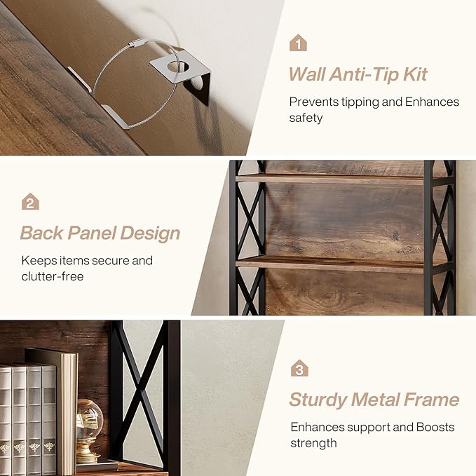 Tribesigns 71-Inch Tall Bookcase, 5-Tier Industrial Metal Bookshelf, Large Etagere Bookcases and Bookshelves, Freestanding Display Shelves for Living Room, Bedroom, Rustic Brown and Black