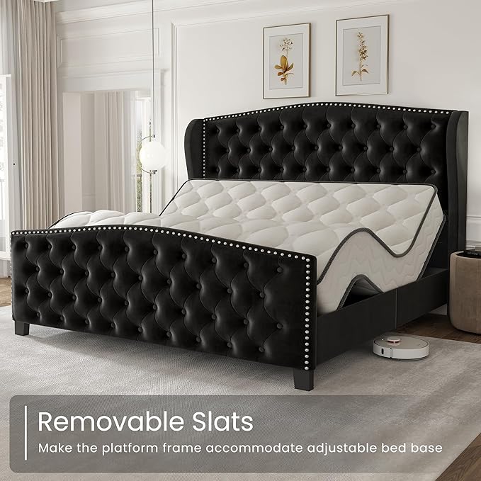 LARMACE Queen Size Bed Frame Velvet Upholstered Platform Bed with Wingback Headboard & Footbaord, Deep Button Tufted Bed Frame with Wood Slats Support, No Box Spring Needed, Black