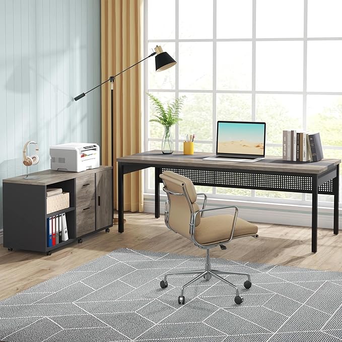 Tribesigns 71 inch Executive Desk, L Shaped Desk with Mobile File Cabinet, Executive Office Table with 2 Drawers and Storage Shelves, Business Furniture Workstation for Home Office, Grey and Black