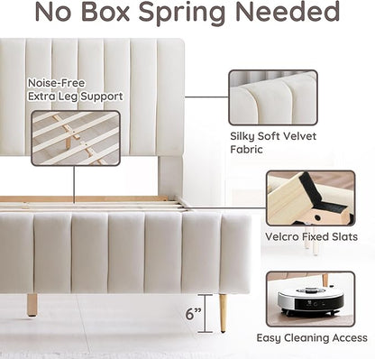 Livinia Full Size Elton Velvet Platform Bed, Upholstered Bed Frame with Vertical Channel Tufted Headboard Footboard, Strong Wood Slats, No Box Spring Needed, Ivory (Full)