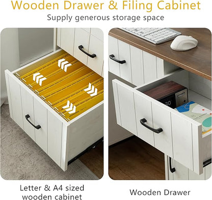 55" Executive Desk, Modern Wood Office Table with Charging Station, 5 File Drawer & 1 Storage Cabinet, Home Computer Writing Desk for Work Study, Living Room, Bedroom (White)