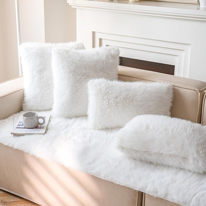 Neelvin Cream White Faux Fur Cozy Fluffy Double-Sided Decorative Throw Pillow Covers 16x16 inch Set of 2,Velvet Pillowcase Cushion Case for Sofa Couch