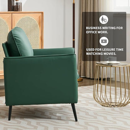 YISHENG Mid-Century Modern Living Room Accent Chairs Set of 2 - Oversized Faux Leather Armchairs with Removable Cushions & Metal Legs, Comfortable Sofas for Office/Lounge/Bedroom/Reception,Green