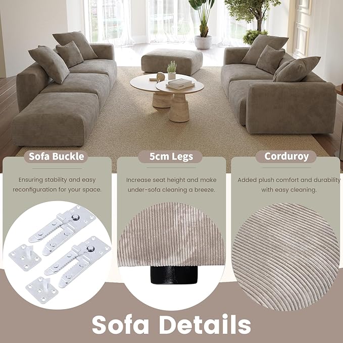 Oversized Modular Sectional Sofa with Ottomans,5 Seater Corduroy L Shaped Reversible Corner Couch,181.1" Convertible Sofa & Couch Free Combination for Living Rooom,Brown