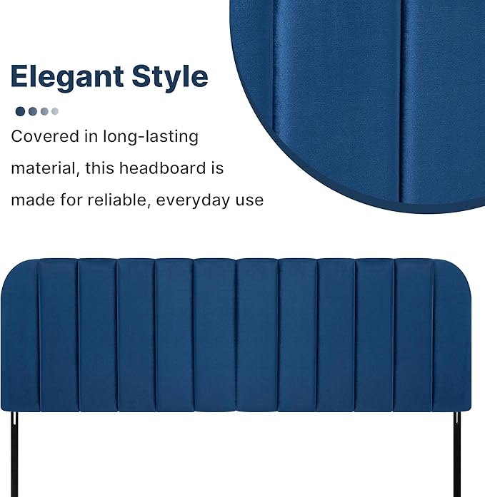 Upholstered Headboard - Striped Interval - Adjustable Height - Metal Legs - Bed Frame (Blue, Queen (U.S. Standard))