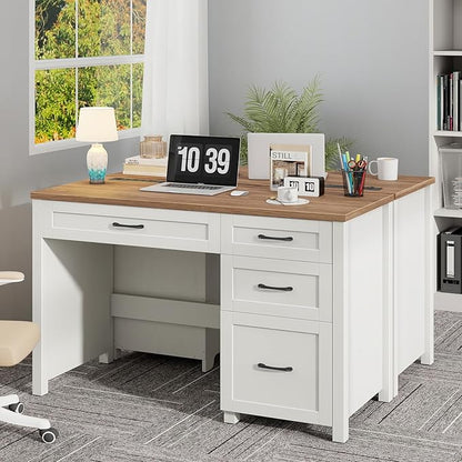 Vabches Farmhouse 47" Executive Desk, Computer Desk with File Drawer and Charging Station, Workstation for Home Office & Study.Off White