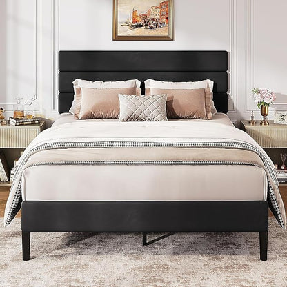 WLIVE Full Size Upholstered Bed Frame, Velvet Square Tufted Headboard,Sturdy Metal & Wooden Slats Support, No Box Spring Needed, Black
