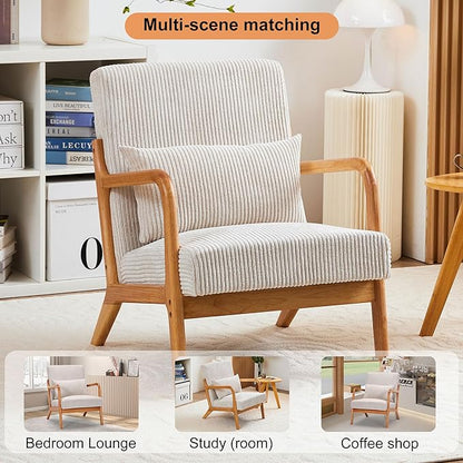 Accent Chairs, Mid-Century Modern Chair with Pillow, Armchair with Solid Wood, Reading Relaxing Leisure Chair for Living Room（Beige）