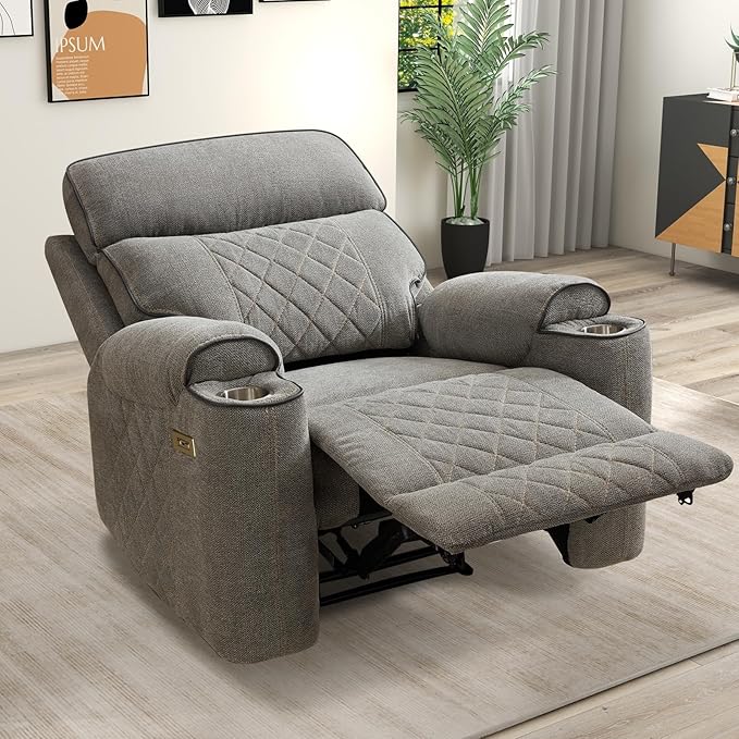 Electric Recliner Chair, Soft Fabric Power Recliners with Metal Cup Holders, Single Overstuffed Heavy Duty Reclining Sofa Chairs for Living Room Bedroom, Light Grey