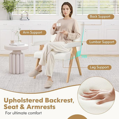 Giantex Mid-Century Modern Accent Chairs Set of 2, Sherpa Fabric Reading Chair with Padded Armrests, Solid Rubber Wood Frame, Upholstered Side Arm Chair for Living Room, Bedroom, Office, Beige