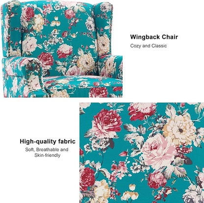Accent Chair, Upholstered High Back Floral Armchair with Nailhead Trim & Wood Legs, Comfy Wingback Reading Single Sofa Chair for Small Spaces, Living Room, Bedroom ( Peacock Blue Floral, Set of 2)
