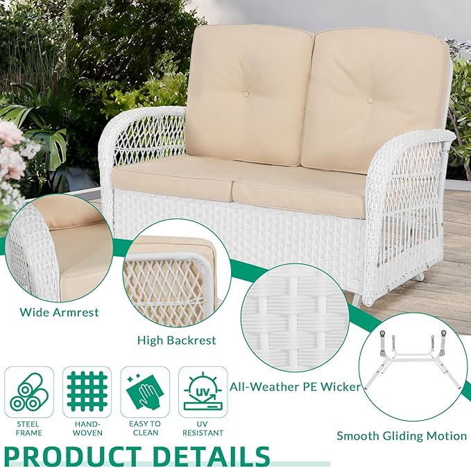 VIVIJASON 2-Piece Patio White Wicker Loveseat Glider Set Cushioned, Outdoor Conversation Furniture Sets W/ 2-Seater Glider Rocking Bench, Coffee Table and Cushions for Porch Garden Poolside, Beige