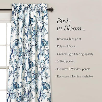 Lush Decor Dolores Light Filtering Window Panels, Pair, 52" W x 108" L, Blue - Floral Curtains for Bedroom - Vintage Curtains - Coquette Room Decor
