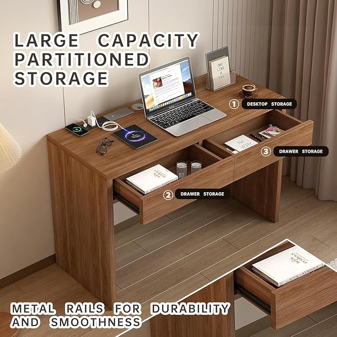 Executive Desk with Drawers, Computer Desk with Drawers with Pre-Embedded Slots, 47 inch Modern Walnut Home Office Desk with Charging Station for Study, Living Room, Bedroom
