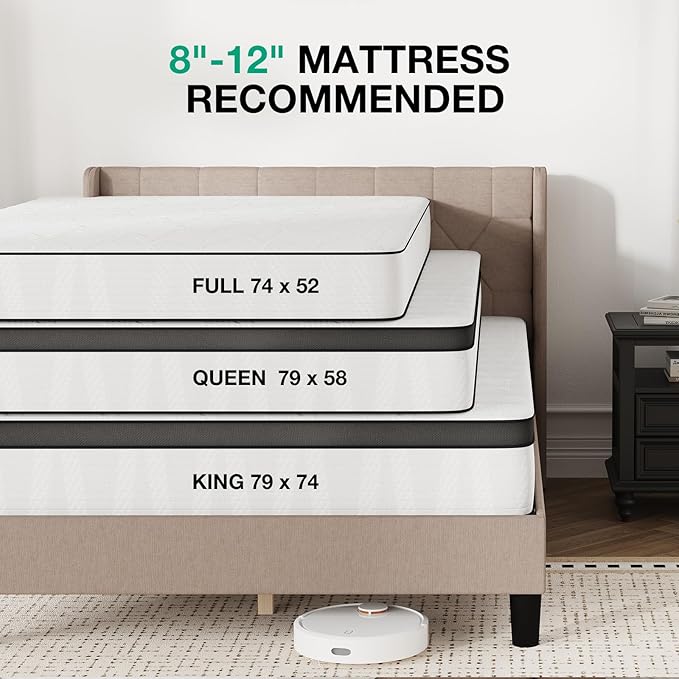 Novilla Queen Size Bed Frame, Queen Bed Frame with Headboard, Linen Upholstered Pull-Point Wing Side Headboard, No Box Spring Needed, Heavy Duty Feet, Easy Assembly, Beige