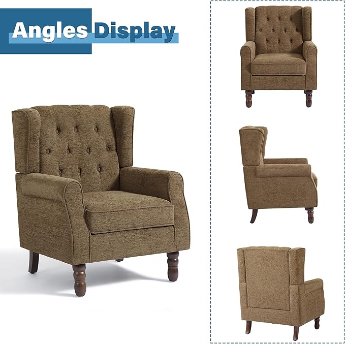 High Back Accent Chairs Set of 2, High Wingback Chair for Living Room, Button-Tufted Upholstered Fabric Armchair with Solid Wood Legs, Comfy Single Sofa Reading Chair for Bedroom, Brown