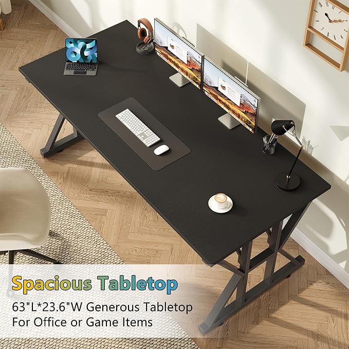 TVU 63-Inch Executive Desk, Large Office Desk with Thicken Frame, Computer Desk Modern Simple Desk for Home Office, Black