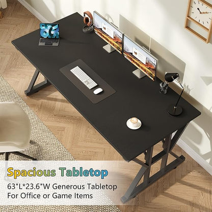 TVU 63-Inch Executive Desk, Large Office Desk with Thicken Frame, Computer Desk Modern Simple Desk for Home Office, Black