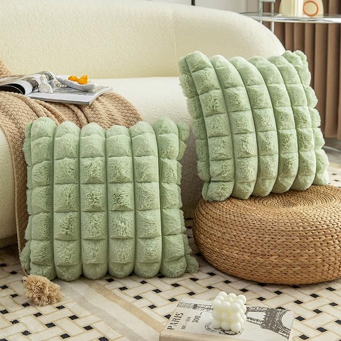 Neelvin Green Faux Fur Cozy Soft Plaid Decorative Throw Pillow Covers 18x18 inch Set of 2,Velvet Pillowcase Cushion Case for Sofa Couch
