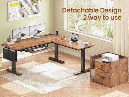 SEDETA L Shaped Electric Standing Desk with File Cabinet, 63 x 53'' Height Adjustable Home Office Computer Desk with 3 Drawers, Power Outlet, Stand up Gaming Table with Led Lights, Rustic Brown