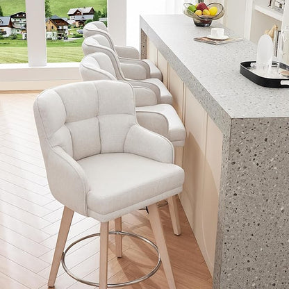360°Swivel Counter Height Bar Stools with Back, 30 inch Solid Wood Legs, Bar Stool Modern Kitchen Island Chairs, Fabric (Beige- Fabric, 30" H- Set of 2)