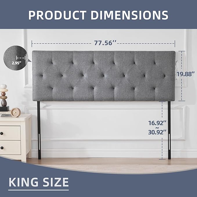 Linen Upholstered Headboard King Size, Modern Diamond Tufting Solid Wood Cali King Headboard Only, Adjustable Height from 37” to 51” Head Board, Bed Frame or Wall Mount Headboards, Light Grey