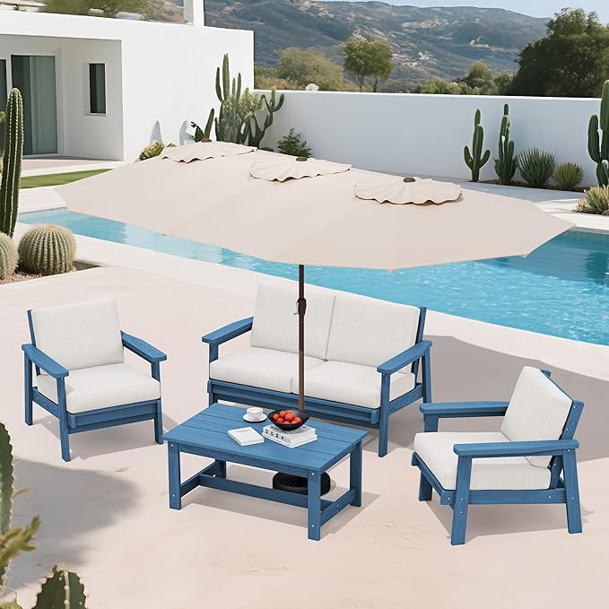 SERWALL HDPE Patio Furniture Set with 15FT Double Side Patio Umbrella, All Weather Wood-Like Outdoor Sofa Sectional Couch, Blue Patio Furniture with Khaki Cushions