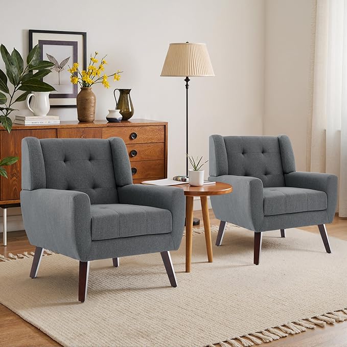 Accent Chairs Set of 4, Mid-Century Modern Upholstered Armchair, Comfy Fabric Living Room Chairs Reading Chairs with Button Tufted Back & Solid Wood Legs for Bedroom, Office, Gary
