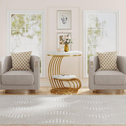 Tribesigns Gold Round End Table: 2 Tiers Faux Marble Side Table with Storage Shelf, Modern White Gold Bedside Nightstand, Metal Arc-Shaped Frame Accent Table for Living Room, Bedroom