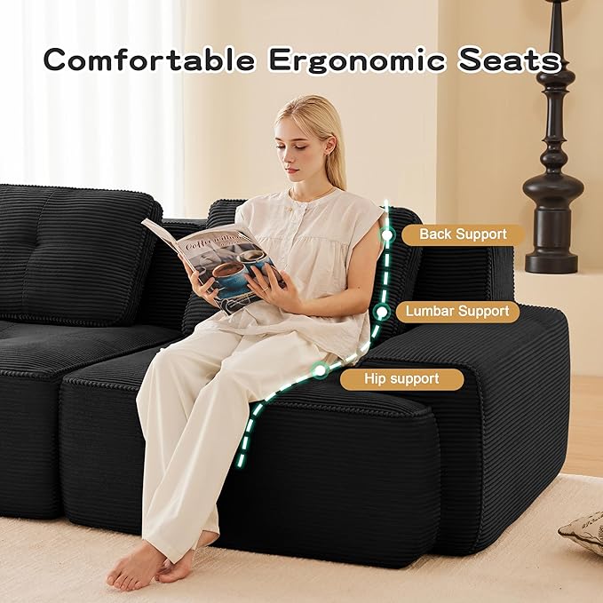 115.3” Black Boneless Couches for Living Room, Modular Sectional Sofa with L-Shape Chaise, 3 Seater Comfy Upholstered Deep Seat Corduroy Fabric Cloud Couch No Assembly, Anti-Slip Design