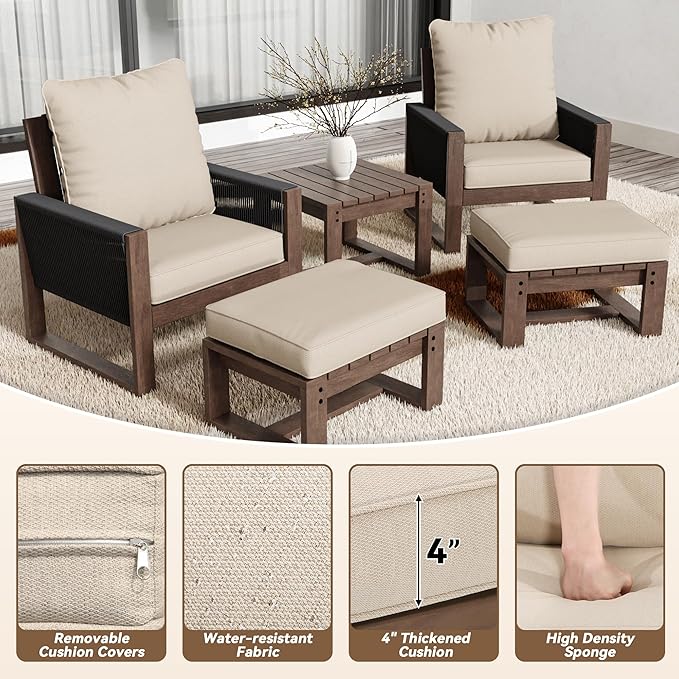 5 Piece Patio Bistro Chair Set with Ottoman, Wooden Outdoor Patio Furniture Set, Patio Wicker Chairs with Coffee Tables for Balcony Deck Backyard