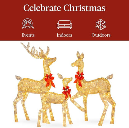 Best Choice Products 6.5ft 3-Piece Large Lighted Christmas Deer Family Set, Outdoor Yard Decoration with 385 LED Lights, Stakes, Zip Ties - Gold