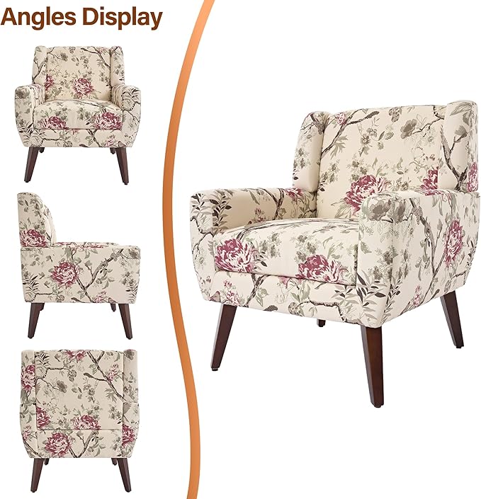Accent Chairs Set of 2, Modern Fabric Armchairs for Living Room, Comfy Upholstered Arm Chairs Tufted for Indoor Bedroom Office Room (Pattern Floral)