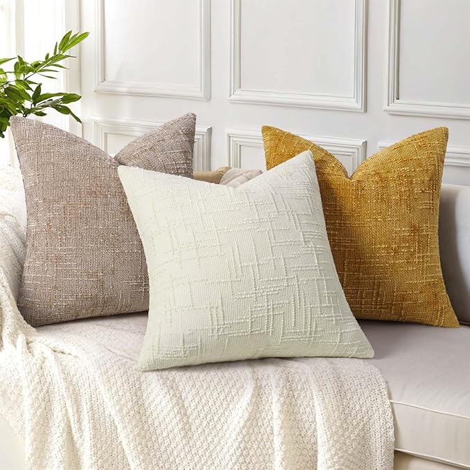 decorUhome Fall Oatmeal Chenille Throw Pillow Covers 16x16 Set of 2 Thick Textured Slubby Couch Pillow Covers Farmhouse Accent Modern Neutral Decorative Pillow Cases for Bed Sofa Living Room