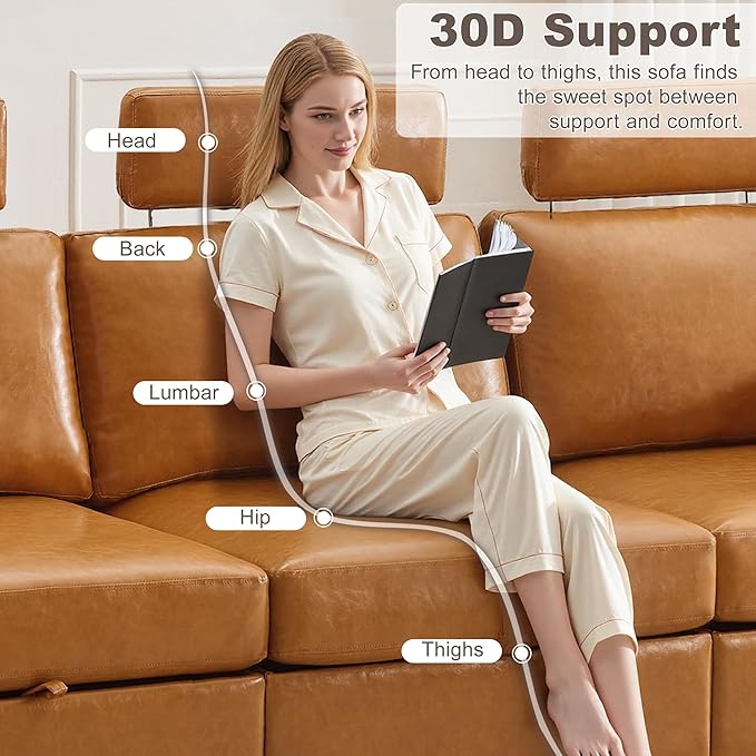 98.2" Oversized 3 Seater Storage Couch, Faux Leather Modular Sectional Sofa with Headrest & Side Pockets, Cloud Upholstered Couches Deep Seat, Sofas for Living Room Apartment Small Spaces, Brown