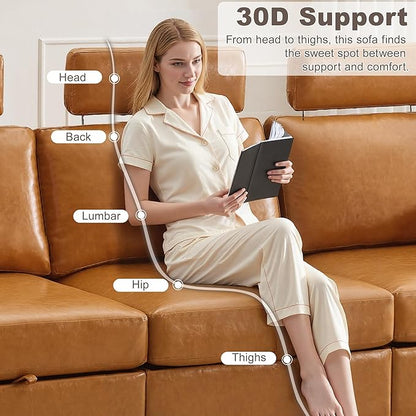 98.2" Modular Sectional Storage Couch, Oversized Faux Leather L Shaped Couch, Modern Cloud Upholstered Sofa with Headrest & Side Pocket, Sectional Sofa for Living Room Apartment Small Spaces, Brown